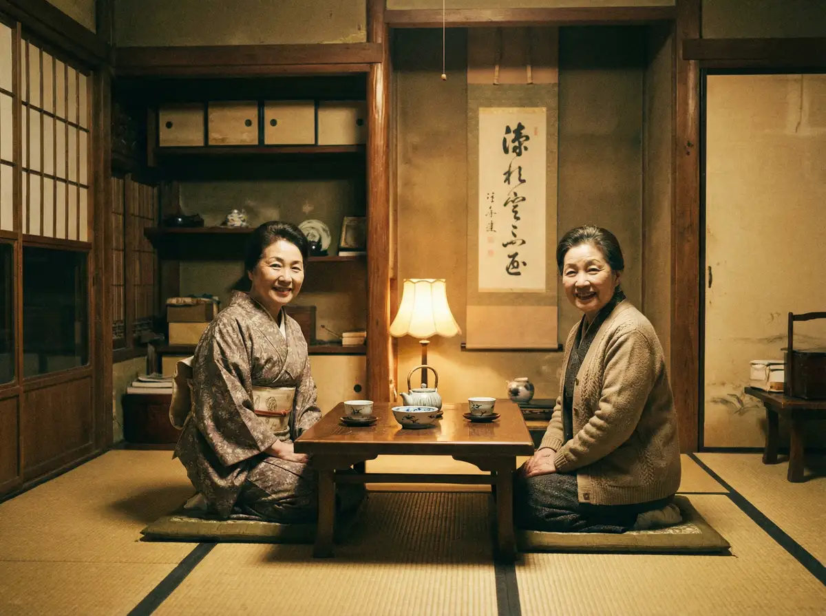 两位优雅的 KB体育 在日式茶室中品茶交谈